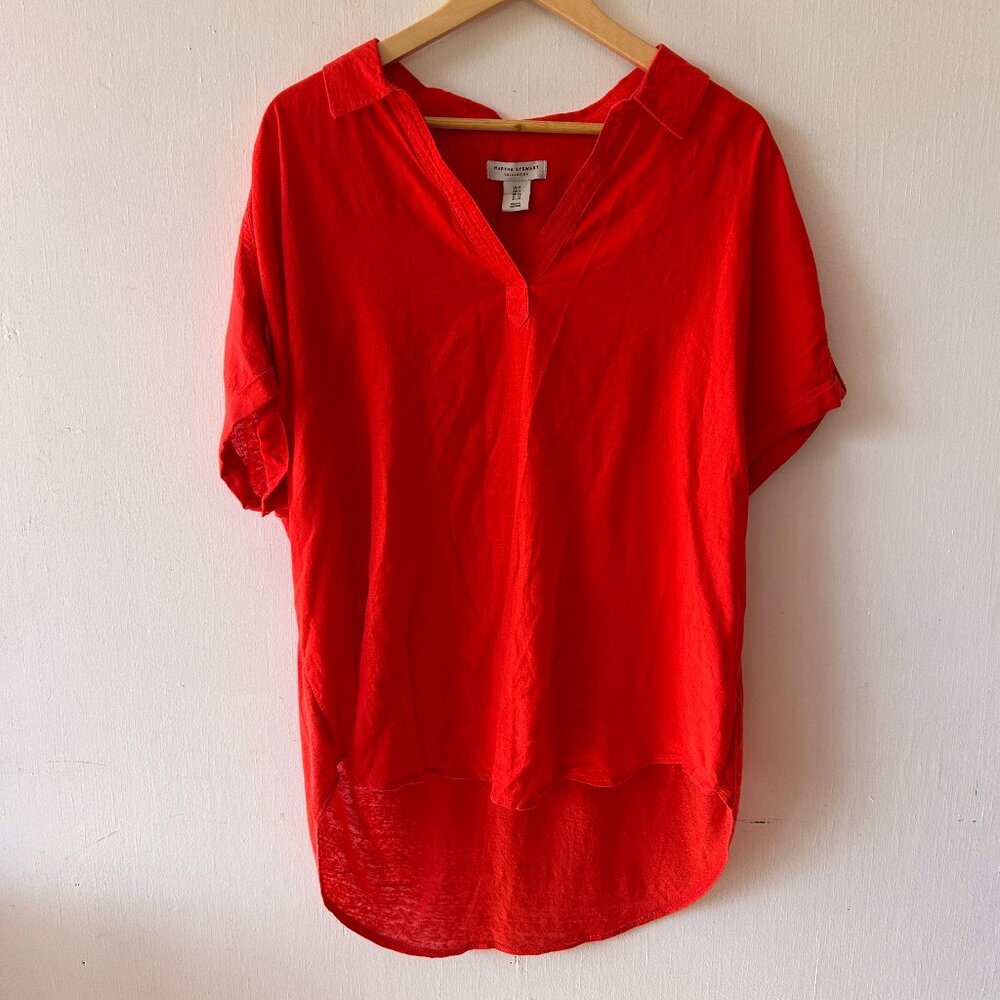 Martha Stewart Linen Blen Popover Blouse Size 1X Collared Orange Coastal Grandma
